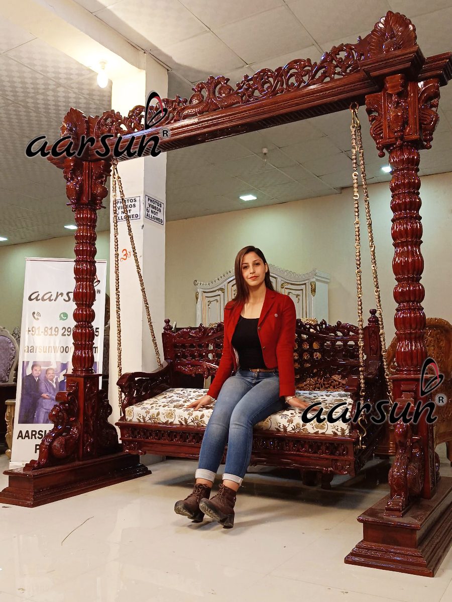 Carved Wooden Swing with Brass Chain