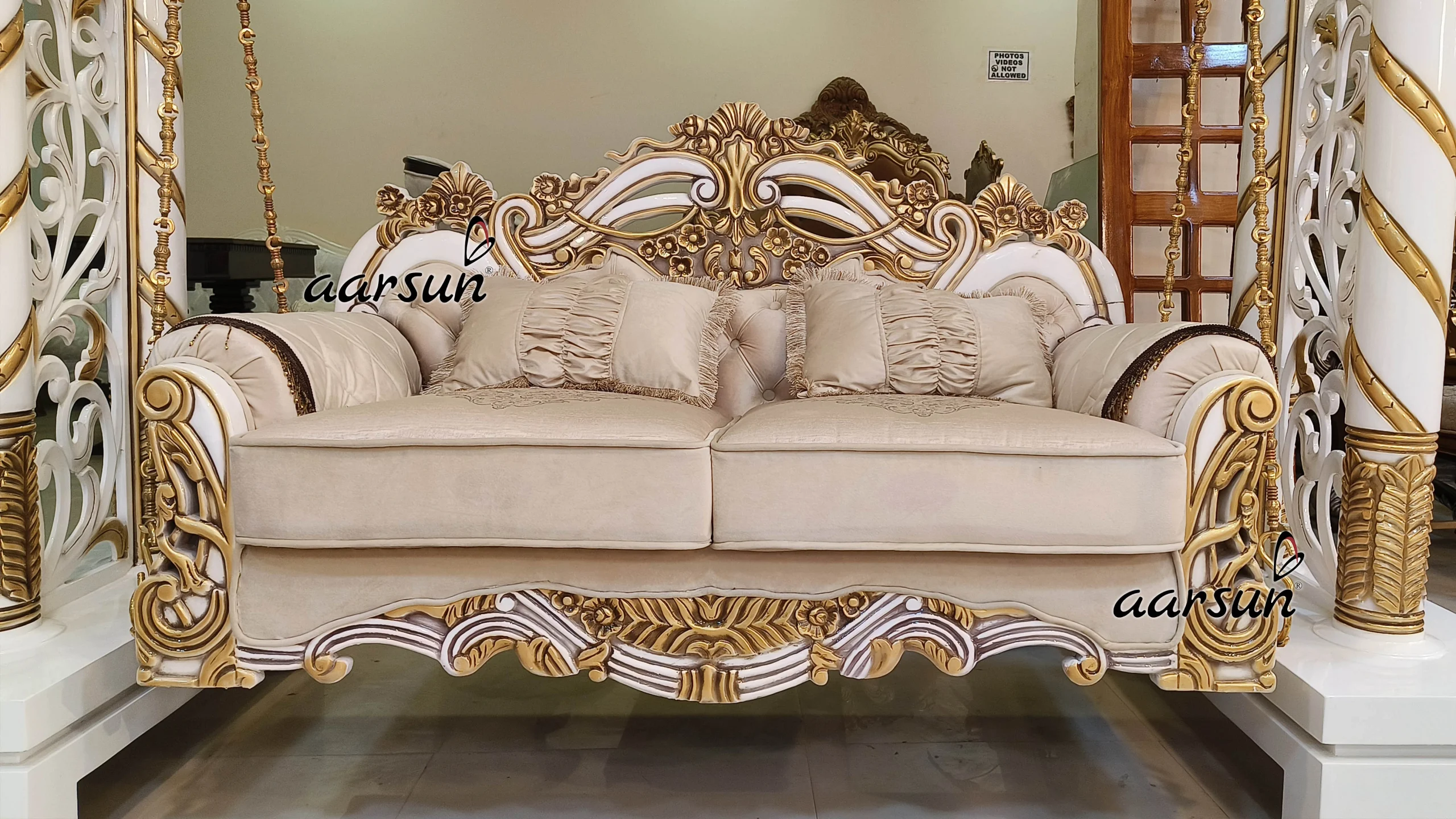 Classic White & Gold Wooden Swing view 5