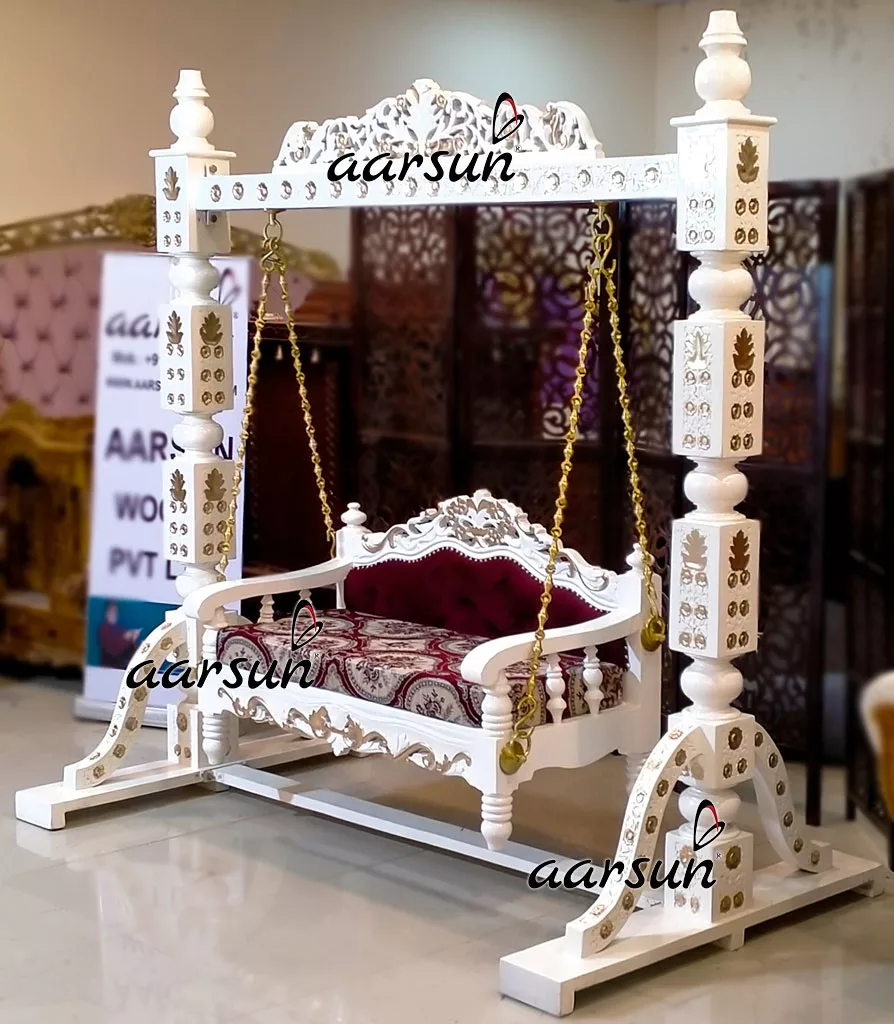 Designer Wooden Swing in White & Gold view 3