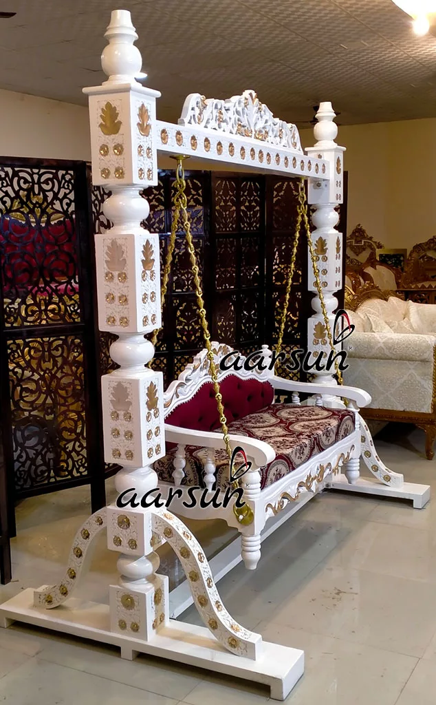 Designer Wooden Swing in White & Gold view 4