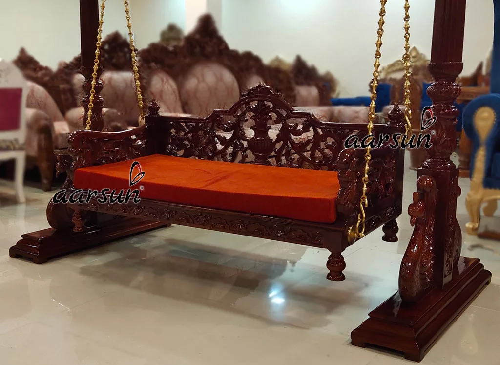 Handcrafted Rust Fabric Swing in Teak Wood view 3