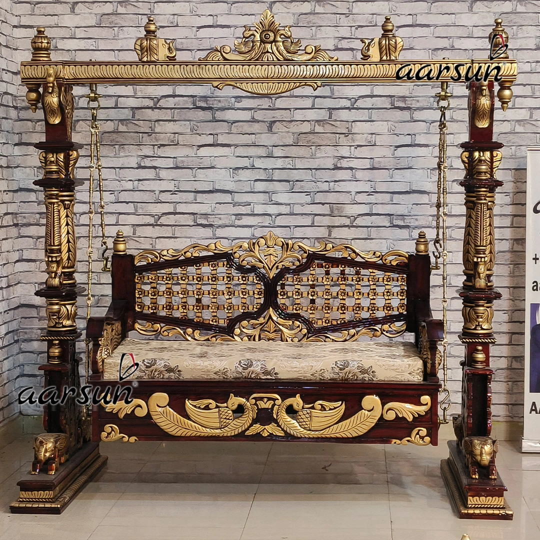 Premium Solid Wood Stand Swing with Triple Shade view 3