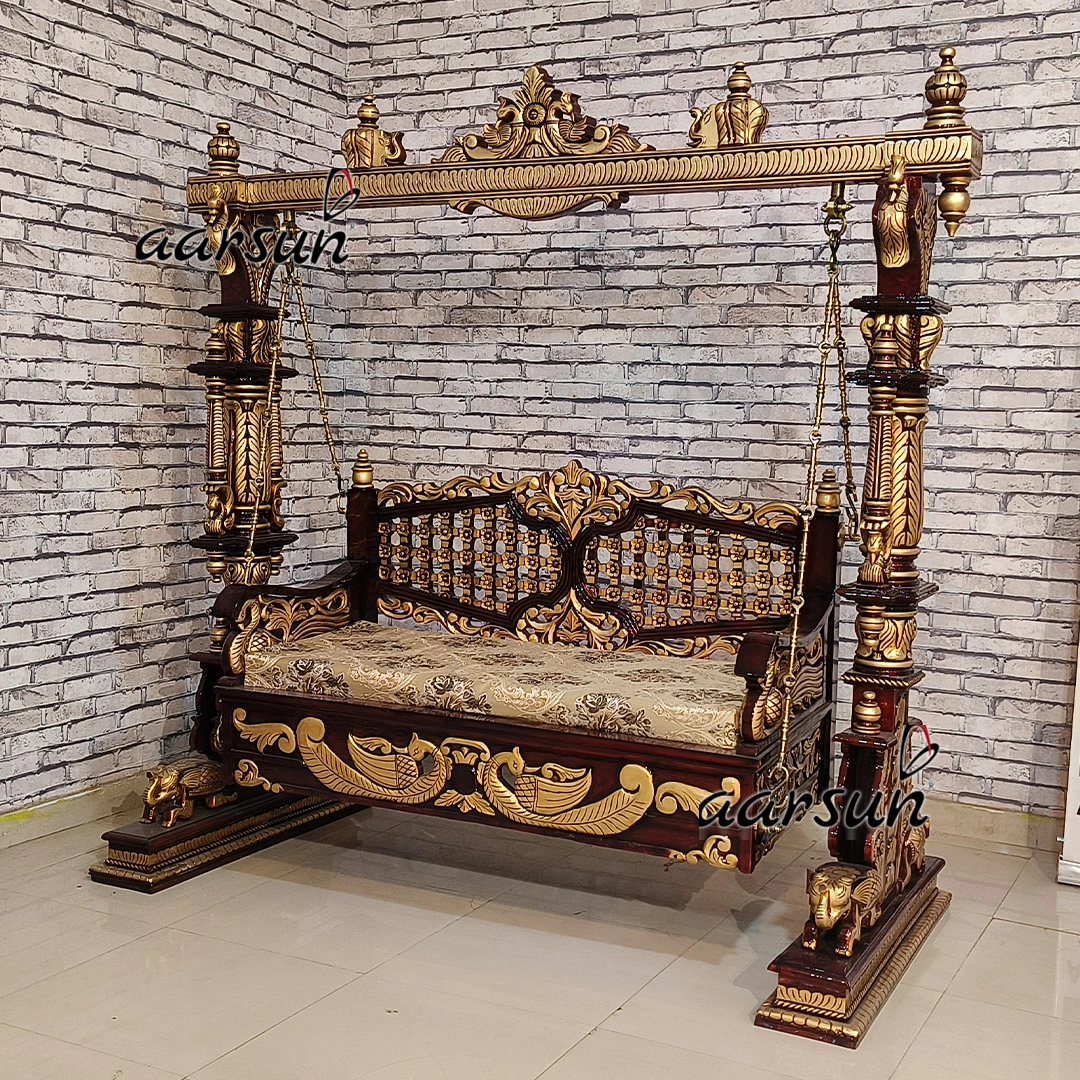 Premium Solid Wood Stand Swing with Triple Shade view 4